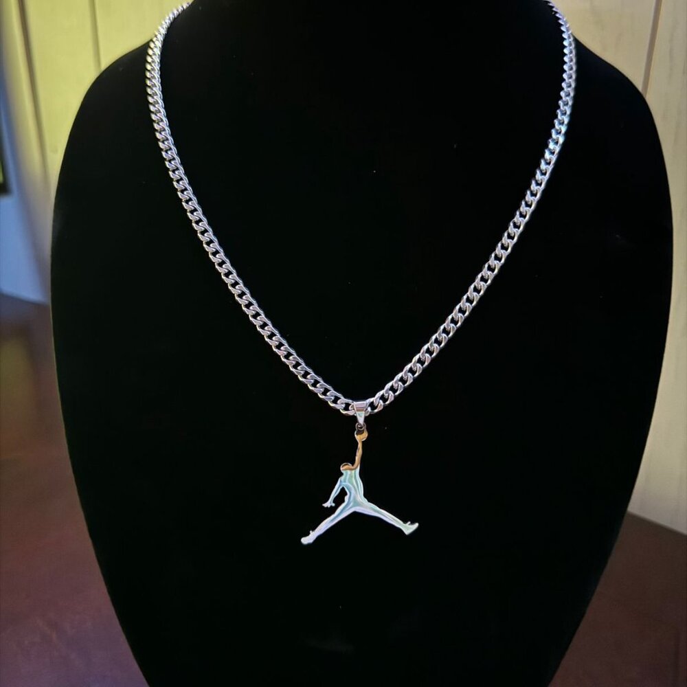 Jordan Jumpman Pendant Necklace - MJ - Silver Plated - 22" Cuban Chain - NBA